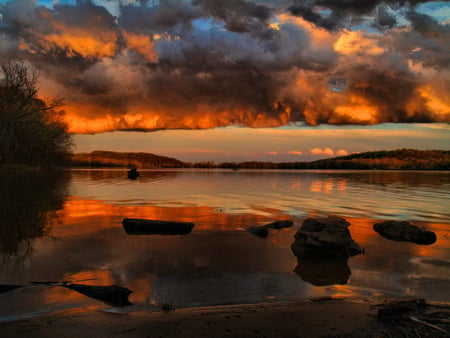 Colorful clouds - nature, sky, ocean, burning, reflection, water, mirrored, sea