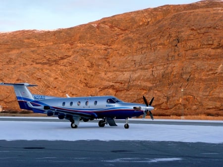 Scenic Runway - airplane, blue, pilatus, snow, rock, runway, private, plane, pc-12