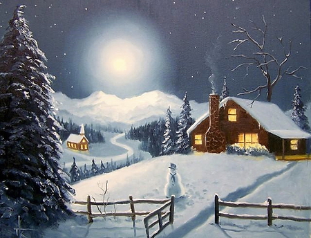 A house in the winternight - moon, house, winter, beautiful, snow, lovely, christmas, lights, peaceful, way