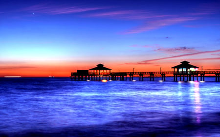 Blue Sea - blue, amazing, splendor, sunrise, reflection, view, sky, clouds, beautiful, sea, beauty, colors, lovely, ocean, pier, blue sea, nature, sunset, lights, peaceful