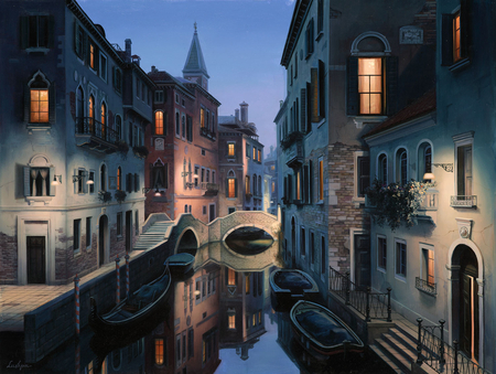 Eugeny Lushpin - Night Dreams - lushpin, evening, eugeny lushpin, city, architecture, boats, channel, painting, eugene lushpin, houses, italy, art