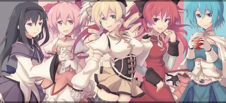 madoka magica - curls, thigh highs, long hair, pink hair, red hair, black hair, blue hair, blonde hair, uniform, short hair