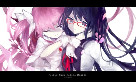 madoka magica - duo, glasses, blue hair, black hair, ribbon, pink hair, uniform