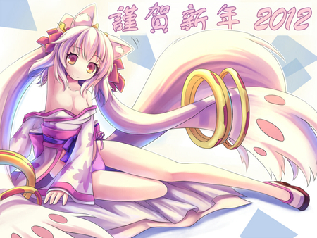 kyubee - pantsu, fox ears, fox, fox tail, long hair, bow, rings, pink hair, neko mimi, kimono