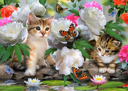 By Howard Robinson - flower, sweet, cat, animal, nature, howard robinson, kitten, painting, butterfly, art