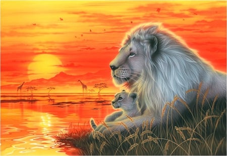 By KENTARO NISHINO - wildlife, love, kentaro nishino, cub, lion, nature, painting, art, father