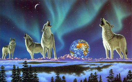 By WILLIAM SCHIMMEL - aurora, animal, nature, wolf, painting, william schimmel, art