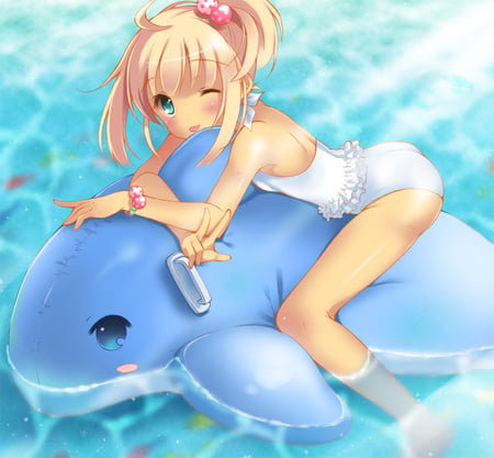 fun in the sun - whale, swimsuit, water, tan, blonde hair, white swimsuit, pool, bracelet, blue eyes