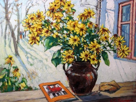 David Croitor, Dimineata de octombrie cu flori - painting, art, window, david croitor, still life, flower