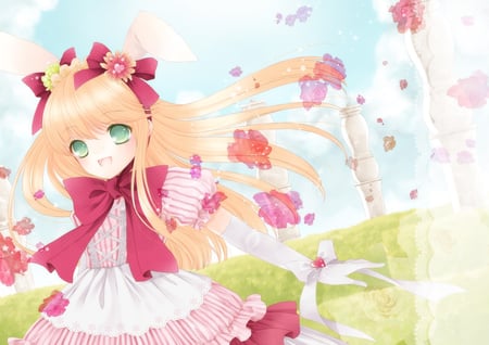 pretty dress - red ribbon, blonde hair, green eyes, lolita, field, red bow, castle, usagi mimi, bunny ears