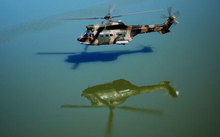 Atlas Reflection - atlas, lake, reflection, helicopter, water, chopper, military, oryx