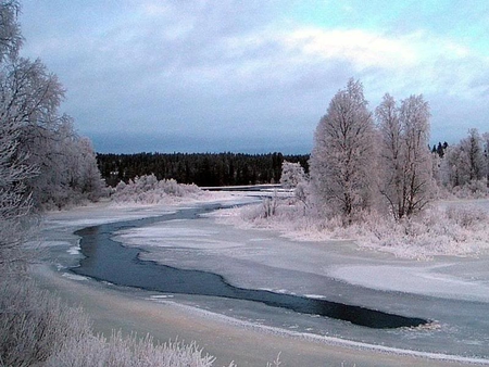 Winter River - sky, tree, water, river