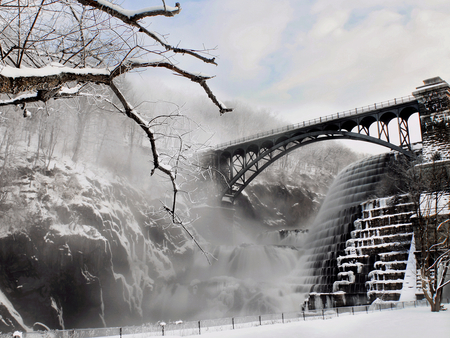 Bridge. - ice, winter, snow, stair, tree, sky, bridge