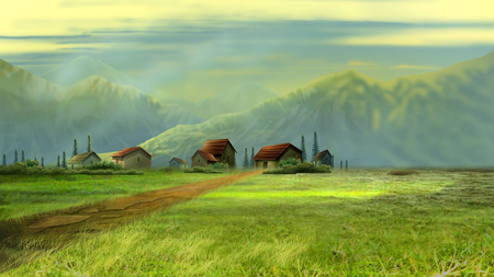 Fantasy Landscape - fantasy mountains, green, mud, road, landscape, grass, houses