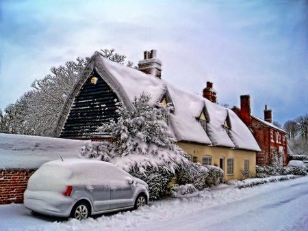 An English Cottage - winter, winter scene, road, snow, england, car, beuatiful, heavy, cottage