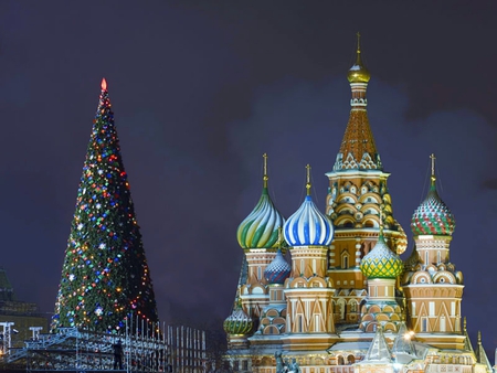 Christmas In Russia - white, christmas tree, blue, night, green, lights, gold