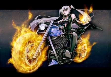 Hagane Miku - flames, thigh highs, hagane, hagane miku, blue eyes, long hair, purple hair, motorbike, anime girl, motorcycle, fire, cool, vocaloid, short skirt, miku, cute