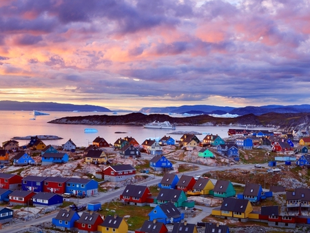 Town of Ilulissat, Disko Bay, Greenland - house, town, cloud, greenland, sun, sky, bay