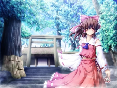 Hakurei Reimu - anime, tress, dress, girl, ribbon, bow, long hair, hakurei reimu