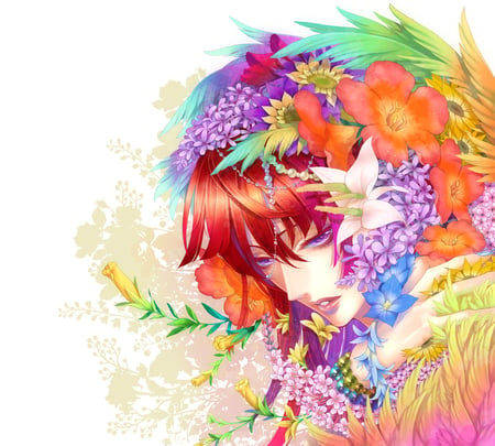 Flower Maiden - pretty, anime, female, colourful, purple eyes, flowers, red hair, face, anime girl, white background, girl, colors, colours, colorful, cute, feathers, lone