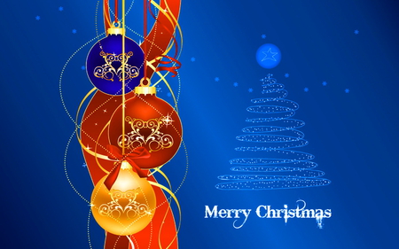 Merry Christmas friends - blue, balls, red, gold, tree, christmas greeting