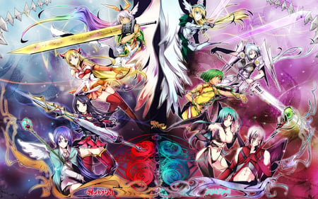 Infinite Fantasia - warrior girls, swords, weapons, angel, green hair, white hair, purple eyes, armor, group, blue hair, pink hair, purple hair, infinite fantasia, sword, blonde hair, females, armour, red eyes, girls, characters, wings, aqua hair, thigh highs, games, video games, warriors