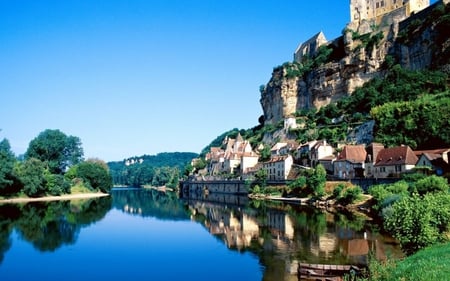 beautiful countryside - river, countryside, trees, water, blue, houses