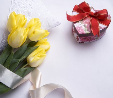 With love... - pretty, elegantly, heart, yellow, romantic, yellow tulip, romance, yellow tulips, flowers, red, ribbon, box, nice, for you, delicate, beautiful, photography, valentines day, beauty, colors, lovely, cool, love, still life, flower, tulip, colorful, tulips, gift