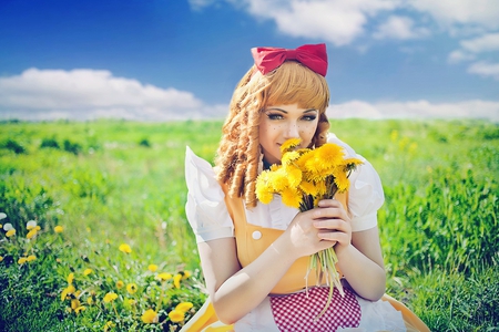 dandelions - flowers, clouds, nature, model, blonde, grass, sky