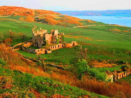 A lonely castle - autumn, fall, landscape, lonely, castle, colors, sea