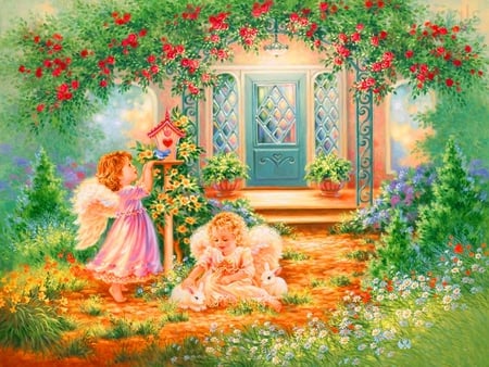 Angels - flowers, girls, house, play, garden, wings, andels