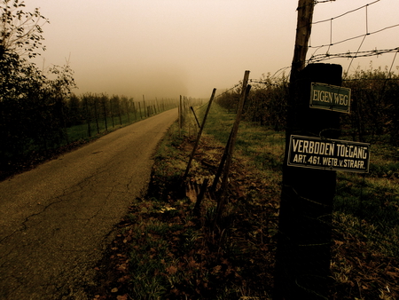 Access forbidden - autumn, fence, leaves, countryside, fog, road