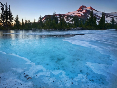 frozen tarn & mount - trees, winter, water, blue, mountian, ice, green, cold, lake