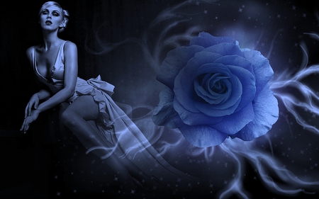 Miss Blue Sky - fantasy, blue, woman, rose, dream