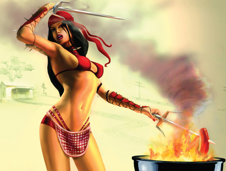 Elektra barbequing - marvel, comics, barbequing, elektra