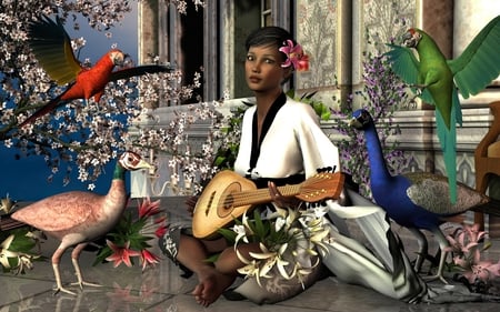 The Lute Player - girl, lute, female, 3d