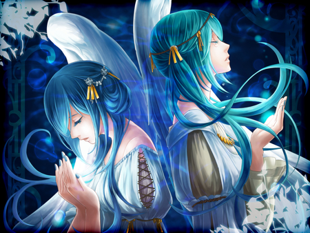 Hatsune Miku - anime, female, dress, girl, together, pigtails, hatsune miku, long hair, clone, diva, blue hair, sing