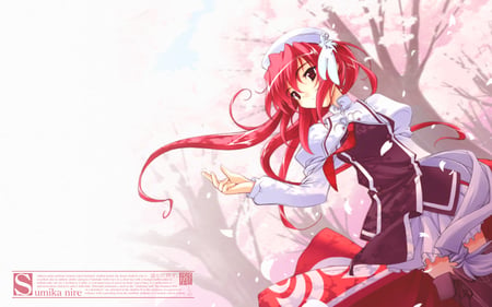 cherry blossoms - hat, red hair, cherry blossom, sakura, seifuku, long hair, uniform