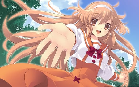 come on - sky, cloud, orange hair, long hair, scenery, uniform, tree