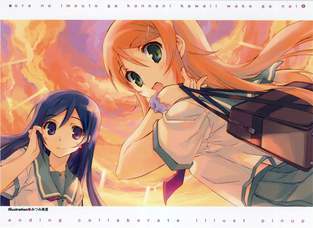 anime girls - long hair, uniform, bag, sunset, seifuku