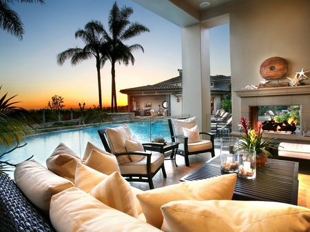 Beautiful patio. - style, swimming pool, fireplace, interior design, patio, palm tree