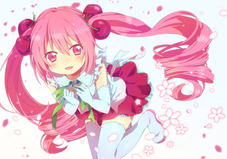 Hatsune Miku - anime, female, skirt, girl, pigtails, hatsune miku, petals, pink