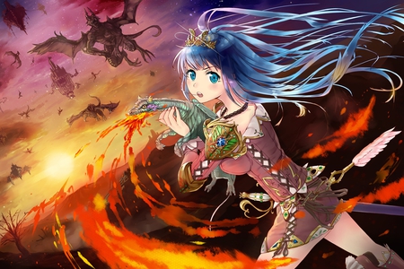 Anime - clouds, anime, girl, dragons, fire, fight, power, sun, demon