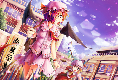 Schools Out! - girls, remilia scarlet, sky, female, smiling, wings, scarlet, touhou, clouds, anime, afternoon, building, flandre scarlet, bat wings, school, running, schools out