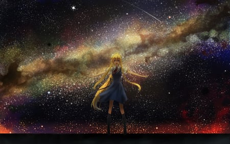 Stars - anime, female, air, girl, night, stars, outside, kamio misuzu, field