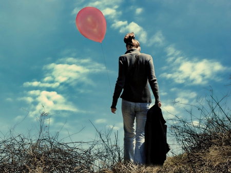 red balloon - nature, sky, female, clouds, photography, balloon, model, artistic