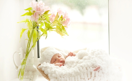 Sleeping angel - vase, childhood, water, sweetness, sleeping angel, baby, child, life, sweet dreams, flowers, basket, cute, adorable