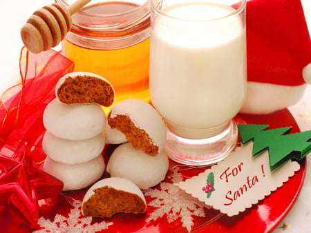 A gift for Santa - sweets, new year, gift, milk, santa claus, present, snowflakes, cookies, christmas, juice, red, holiday, tree