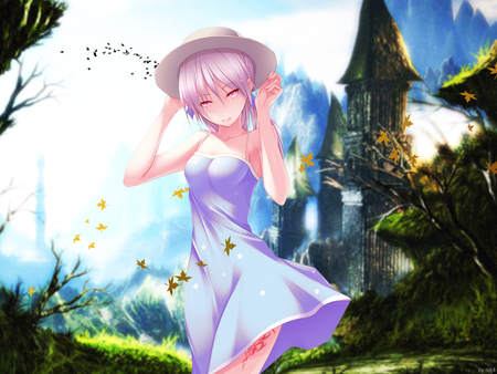 Summer Days - touhou, sky, hat, summer dress, pink hair