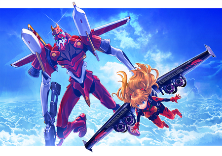 Flying Free - clouds, soryu asuka langley, eva-02, neon genesis evangelion, boyaking, sky